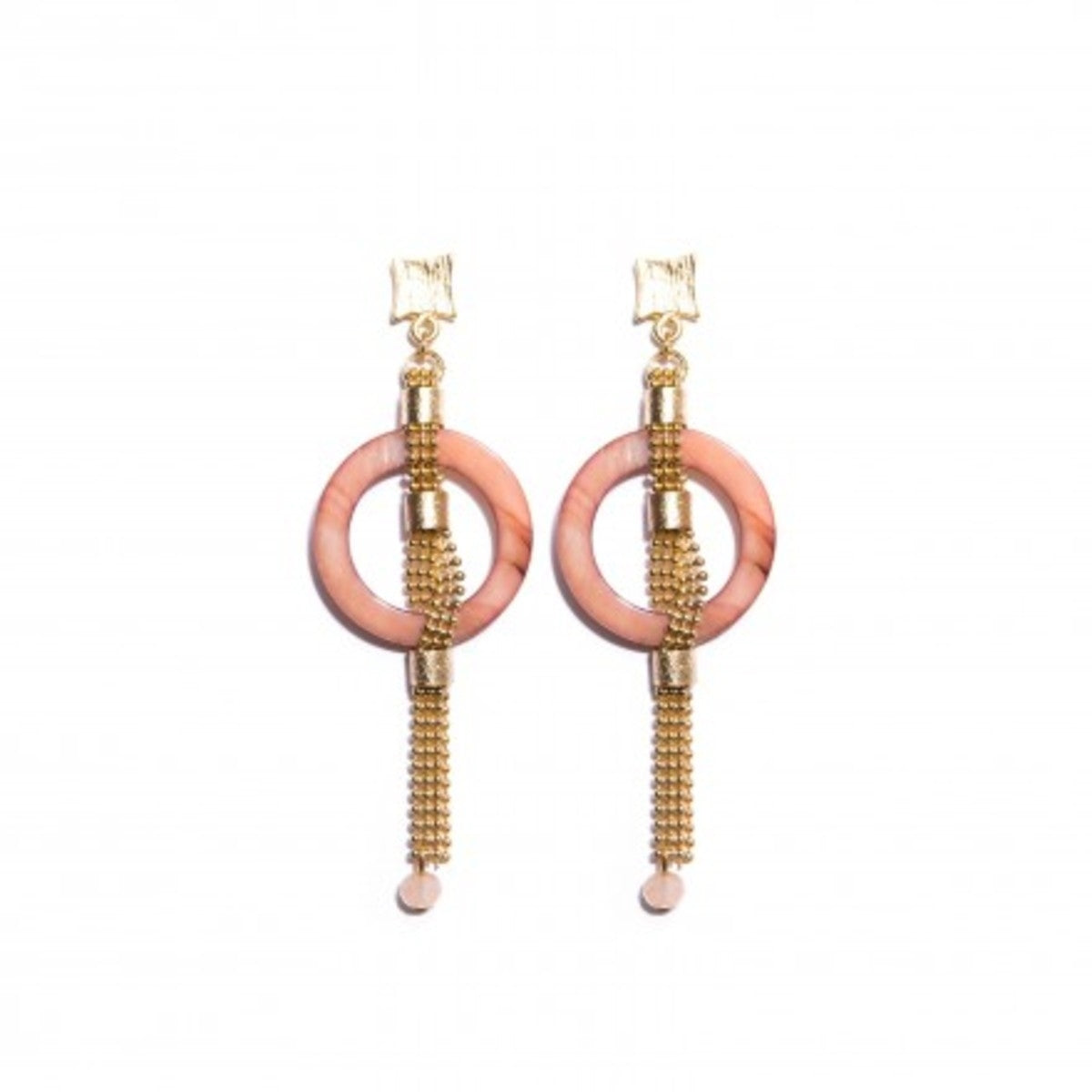Long earring with guava mother-of-pearl hoop, crystal, and gold-plated chains