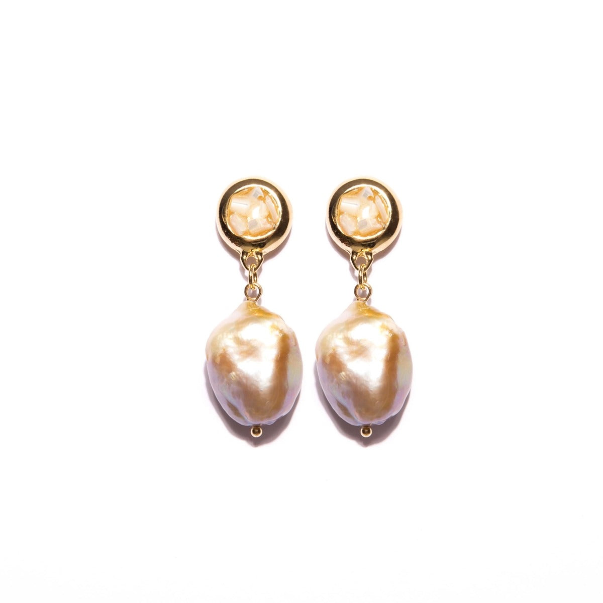 Medium Gold-Plated "Gravel" Earrings with Mother-of-Pearl and Natural Pearl